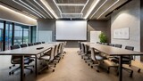 Fototapeta Konie - Meeting Room Mockup Screen Projector Blank Business Presentation with Posters and two Tables Office 