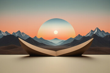 Wall Mural - Small centered composition, product shot, plain background, wallpaper art, in the center is an image of a dawn, surreal, mountains, surrealism, tiny
