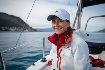 Poster - Portrait of a beautiful young woman sailing on a yacht at sea