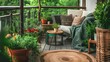 Cozy balcony with lush greenery, comfortable seating, comfy cushions. Interior exterior design, home decor, relaxation, enjoying nature amidst an urban setting.
