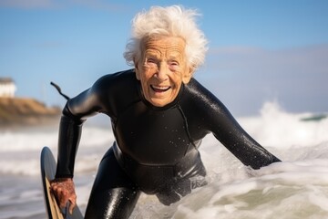 Sticker - Portrait of a senior woman in wetsuit with surfboard