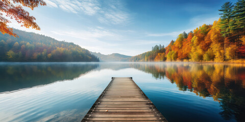 Canvas Print - Tranquil Reflection: A Serene Autumn Landscape by the Blue Lake