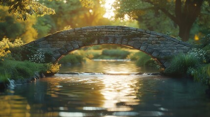 Wall Mural - Dusk light casting shadows on an old stone bridge over a gentle stream