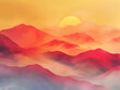 Abstract orange  landscape with sunrise / sunset over mountains in watercolor wallpaper, monochrome minimalistic illustration japanese style	
