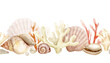Seamless border of shells and other marine finds painted in watercolor. For your projects