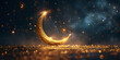 Ramadan crescent moon Eid Mubarak Islamic festival golden britnes moon banner stars and glowing clouds nice color realistic blue background