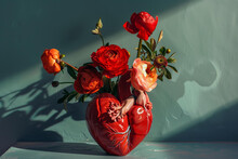 Red Vase In The Shape Of An Anatomical Heart With A Bouquet Of Flowers