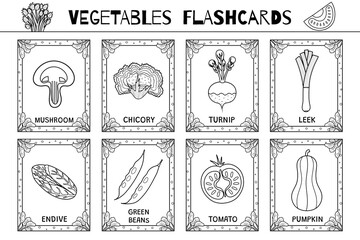 Wall Mural - Vegetables flashcards black and white set. Flash cards collection for school and preschool in outline for coloring. Learn food vocabulary for kids. Pumpkin, leek, turnip and more. Vector illustration