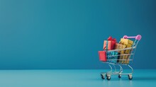 Shopping Chart Full Of Groceries On Blue Background For Copy Space