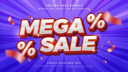 Wall Mural - vector editable 3d white red text effect. mega sale discount graphic style on blue background