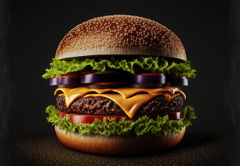 Wall Mural - burger, product studio photo, dark black background, fresh tomato and onion salad, Generative AI illustration,