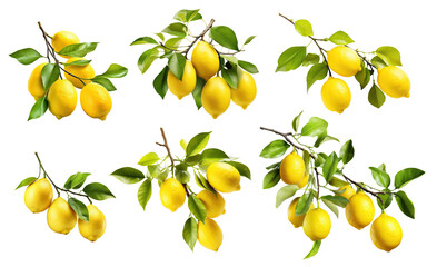 Set of fresh delicious lemons on branches, cut out