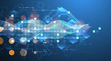 Abstract technology background for your design. The wave is made in a wireframe style with various technological elements. Vector.
