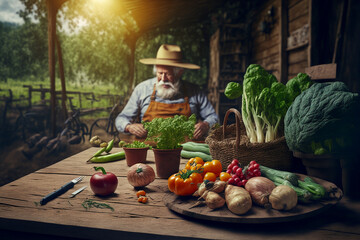 Wall Mural - table wooden vegetables harvest farmer. Generative AI,