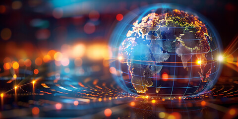 Wall Mural - digital world globe, concept of global network and connectivity on earth, high speed data transfer a