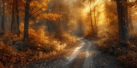 Wall Mural - Winding through heart of lush forest serene pathway invites travelers into magic of springtime woodland vivid greens of new leaves blend harmoniously with last golden remnants of autumn