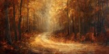 Fototapeta Las - Winding through heart of lush forest serene pathway invites travelers into magic of springtime woodland vivid greens of new leaves blend harmoniously with last golden remnants of autumn