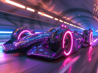 Racing futuristically racer cheetah neon track midnight hovercar neon electric violet 25th Century neon glow duo AI co pilot