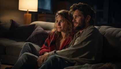 couple watching a movie on TV on the sofa at home. 