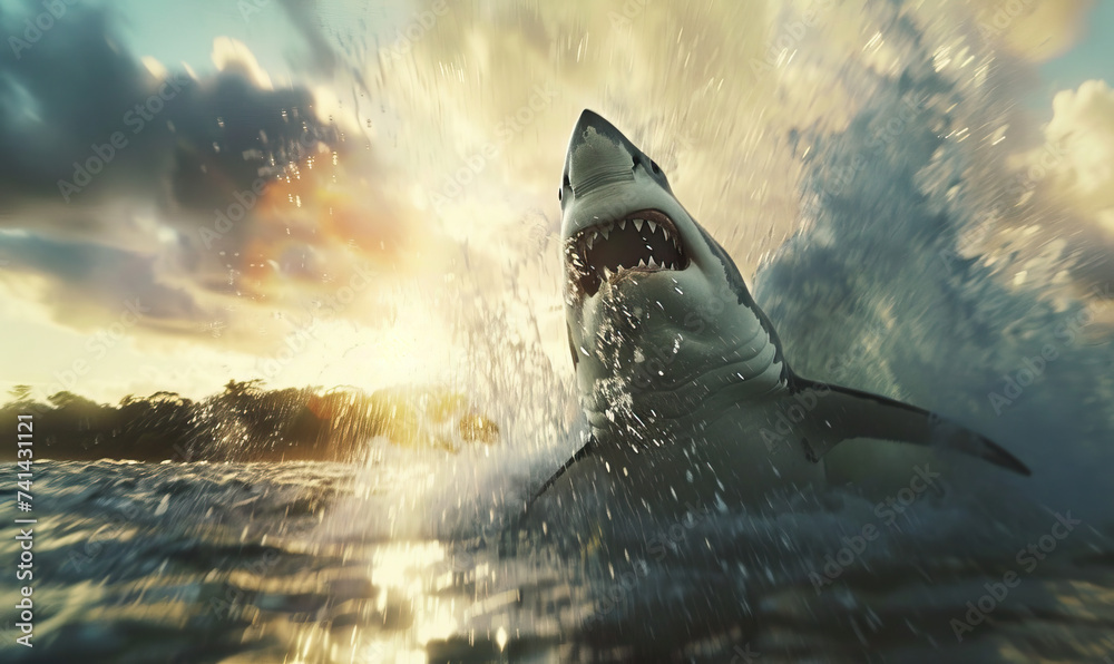 Great white shark jumping and breaching ocean waters with its jaws open ...