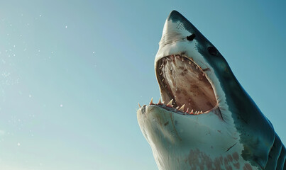 Close-up beautiful wildlife photography shot of great white shark isolated against clear blue sunny sky with its jaws open. Shark breaching and jumping above ocean waters surface