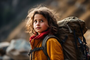 Poster - Portrait of a cute little girl with a backpack in the mountains.