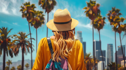 Wall Mural - Beautiful tourist young woman walking in Los Angeles city street in California, USA, tourism travel holiday vacations concept in United States of America