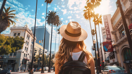 Wall Mural - Beautiful tourist young woman walking in Los Angeles city street in California, USA, tourism travel holiday vacations concept in United States of America