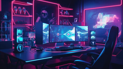 Sticker - Professional gamer room with personal computer with LED lights