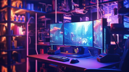 Sticker - Professional gamer room with personal computer with LED lights