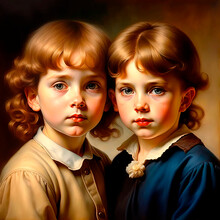 Two Beautiful Victorian Boys Are A Double Portrait Of Best Friends. Vintage Design In The Style Of An Old Oil Painting.