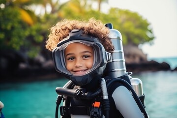 Portrait of happy little boy wearing scuba diving suit and mask