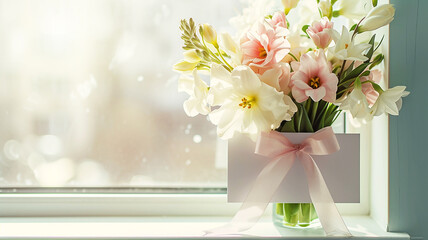 Wall Mural - Bouquet of fresh tulips and hyacinths in vase near window with empty blank card. Still life with beautiful spring flowers, banner with copy space