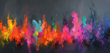 Bold Abstract Expressionist Brush Strokes In A Riot Of Neon Colors Against A Dark Gray Background