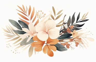 Wall Mural - Tropical plants and leaves watercolor illustration on white background