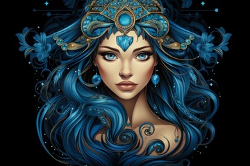 Wall Mural - Virgo zodiac sign shining in blue color isolated on black background in vector style