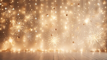 Wall Mural - golden lights light bulbs and sparklers christmas glowing festive winter background, small gold and garlands on the background