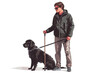 Illustration of senior blind man with guide dog on white background