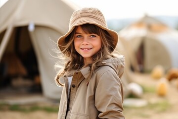 Wall Mural - Portrait of a beautiful little girl with hat in front of tent