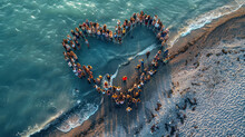 Huge Crowd Of People Forming A Heart On The Beach