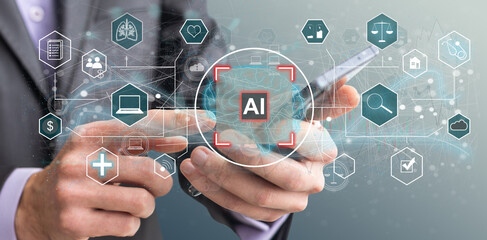 Leinwandbilder - Artificial intelligence concept businessman holding ai on computer screen to using for in document management system and data analysis works