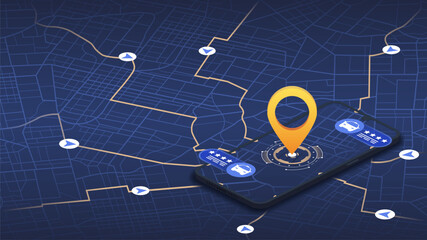 Ordering taxi online with mobile phone app. Internet cab car service on smartphone application. Customer ranking, rating auto ride. Vector illustration on black background