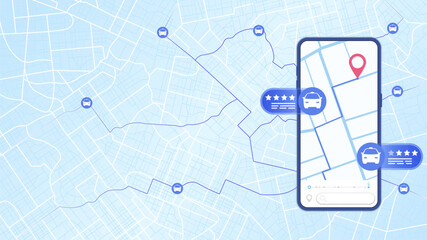 Internet cab car service in smartphone application. Ordering taxi online with mobile phone app. Passenger customer ranking, rating auto ride. Vector illustration on blue background