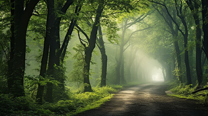 Wall Mural - misty landscape in a fresh green spring forest, trunks of green trees in the mist of the forest morn