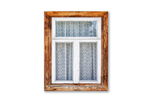 Wooden Window Frame Isolated On White. Rustic Cottage House Peeling Paint. Single Object Window. Vintage Cabin Construction. Countryside Architecture Texture. Window Frame With Lace Curtains.