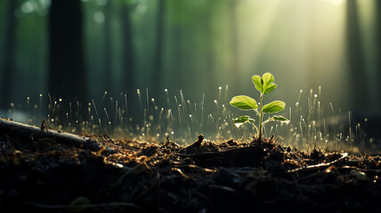 Wall Mural - green shoots in the forest, sun rays in the morning green forest wildlife, eco concept freshness of 