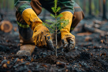 Close-up Of Hands In Yellow Gloves Planting A Small Tree In The Soil Of A Recently Burned Forest Area