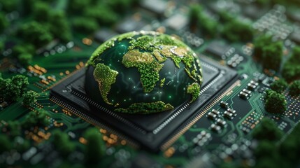 Poster - Environment Green Technology Computer Chip. Green Computing and Technology, CSR, and IT ethics. Green World Icon on Circuit Board.
