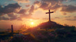 A cross nailed to the top of a hill at sunset