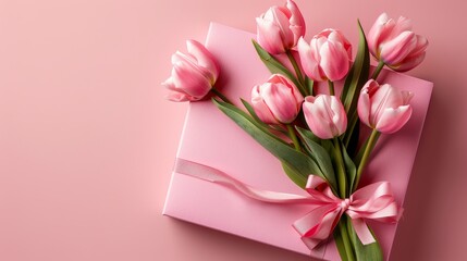 Poster - This image portrays a top view of a stylish pink giftbox with ribbon bow and a bouquet of tulips against an isolated pastel pink background with copyspace.